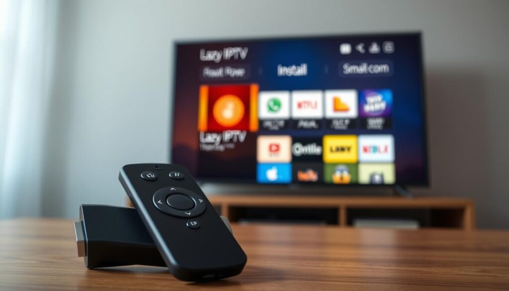 A detailed step-by-step installation guide for Lazy IPTV on a Firestick. The image shows a realistic 3D render of a Firestick remote control in the foreground, with the Lazy IPTV app interface displayed on a TV screen in the background, illuminated by warm, natural lighting. The scene conveys a sense of simplicity and ease of use, inviting the viewer to follow along with the installation process. The composition is clean and well-balanced, with a focus on the key elements necessary to illustrate the installation steps.