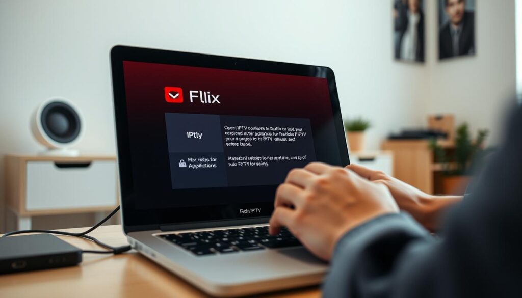 A detailed step-by-step tutorial on installing Flix IPTV on a Windows/PC. The foreground shows a laptop screen displaying the Flix IPTV application with clear instructions on the setup process. The middle ground features the user's hands interacting with the laptop, guiding the viewer through the installation. The background depicts a minimalist home office setting with a clean, well-lit atmosphere to convey a sense of productivity and focus. The lighting is soft and natural, creating depth and highlighting the key elements. The camera angle is slightly elevated to provide an ergonomic, user-friendly perspective. The overall mood is informative and approachable, inviting the viewer to follow along and successfully install the Flix IPTV software.