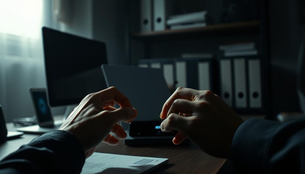 A dimly lit office setting, with a desk featuring an IBO Pro player device prominently displayed. The player has a sleek, modern design, casting a soft glow on the desktop. In the foreground, a person's hands are intently focused on troubleshooting the device, examining it closely. The background is hazy, with a sense of concentration and problem-solving in the air. Subtle lighting casts dramatic shadows, creating a moody, contemplative atmosphere. The overall scene conveys the idea of resolving technical issues with the IBO Pro player, with a focus on the device itself and the hands-on process of troubleshooting.