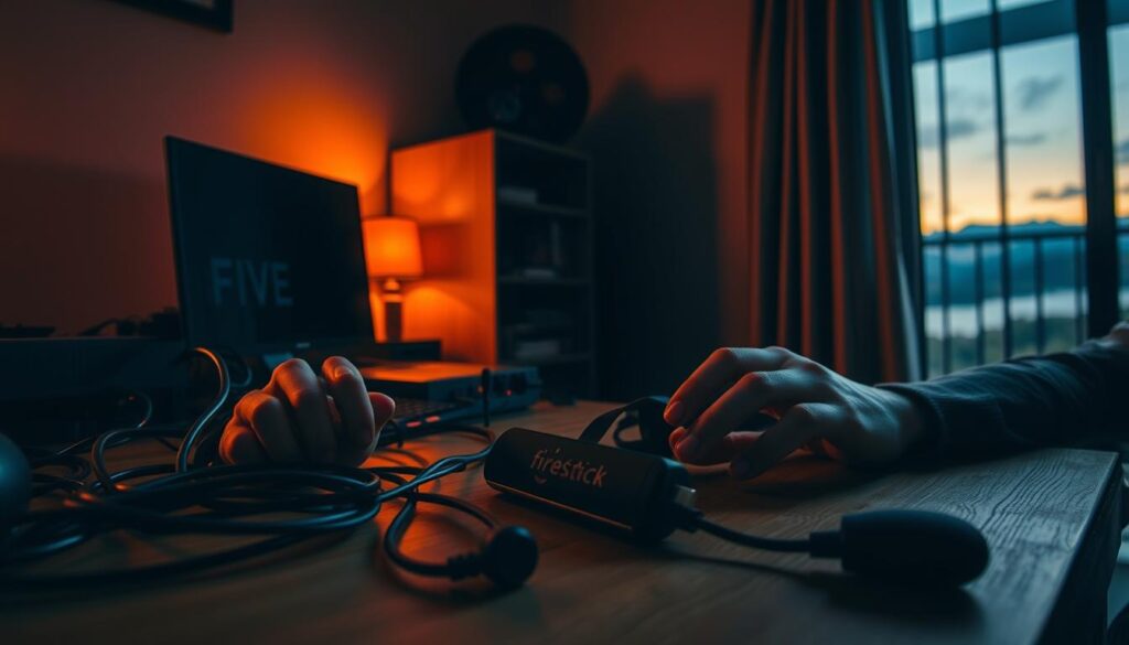 A dimly lit room, a Firestick device sits prominently on a wooden desk, surrounded by various cables and electronic components. The user's hands are visible, focused intently on troubleshooting the device, brows furrowed in concentration. The room is illuminated by the glow of the Firestick's interface, casting a warm, amber hue across the scene. In the background, a window partially obscured by curtains suggests a serene, outdoor landscape, offering a moment of respite from the technical challenges at hand. The overall atmosphere conveys a sense of problem-solving and determination, reflecting the "Resolução de Problemas e Solução de Erros Comuns" section of the article.