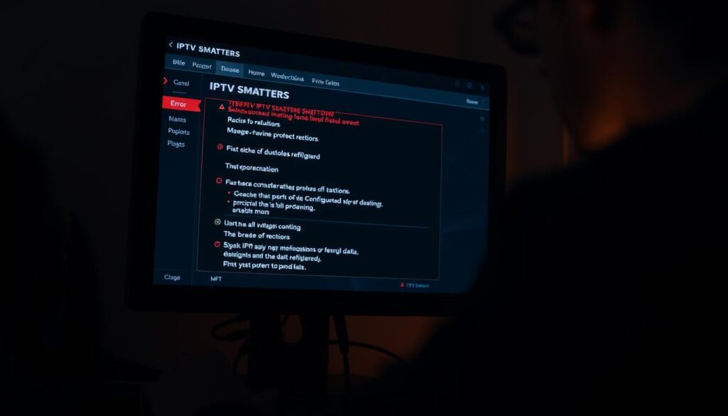 A dimly lit room with a computer screen displaying the "IPTV Smarters" application interface. The screen shows various configuration options and error messages, indicating a troubleshooting scenario. In the foreground, a person's hands are operating the keyboard and mouse, their face partially obscured by the screen's glow. The background is hazy, with a sense of frustration and concentration, conveying the challenge of resolving a technical issue. The lighting is warm and subdued, creating a contemplative atmosphere as the person works to find a solution.