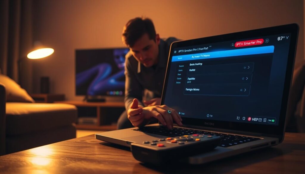 A dimly lit room with a laptop and remote control in the foreground, the laptop screen displaying the IPTV Smarters Pro interface. In the middle ground, a person's hands troubleshooting the setup, brows furrowed in concentration. The background features a smart TV or streaming device, with a sense of frustration and determination permeating the scene. Warm lighting casts a soft glow, emphasizing the technical details and the person's focused expression as they work to resolve the IPTV Smarters Pro issues.