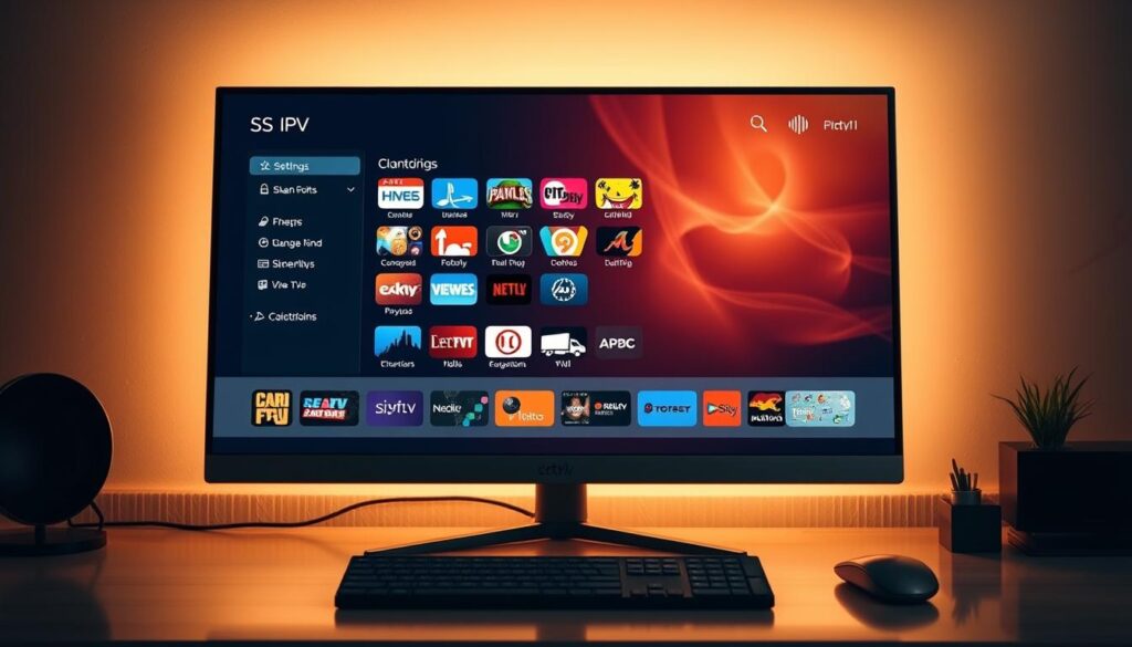 A functional IPTV emulator interface displayed on a sleek, modern desktop computer screen. The emulator's main window showcases an array of channels, settings, and customization options, allowing the user to navigate and explore the SS IPTV platform with ease. Soft, warm lighting illuminates the scene, creating a inviting atmosphere. The emulator's layout is clean and intuitive, with clear icons and menus that reflect the user-friendly nature of the SS IPTV system. The overall composition emphasizes the powerful capabilities and seamless integration of the IPTV emulator, highlighting its role in enhancing the SS IPTV viewing experience.