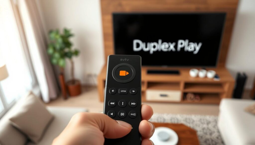 A high-angle close-up shot of a hand holding a modern black remote control, the screen displaying the Duplex Player app logo against a blurred background of a living room with a TV in the center. The lighting is soft and natural, creating a warm, inviting atmosphere. The composition emphasizes the simplicity and user-friendliness of installing the Duplex Player app on a Firestick, reflecting the "Guia Passo a Passo de Instalação e Configuração" section of the article.