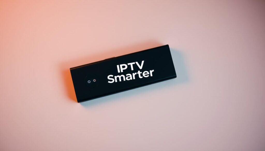 A high-angle shot of a Firestick media streaming device with a clean, minimalist design. The device is centered in the frame, surrounded by a soft, diffused lighting that creates a warm, inviting atmosphere. The Firestick's interface is clearly visible, showcasing the IPTV Smarters app prominently displayed on the screen. The background is slightly blurred, creating a sense of depth and focus on the device. The overall composition is well-balanced, drawing the viewer's attention to the Firestick and the IPTV Smarters app, which is the central subject of the image.