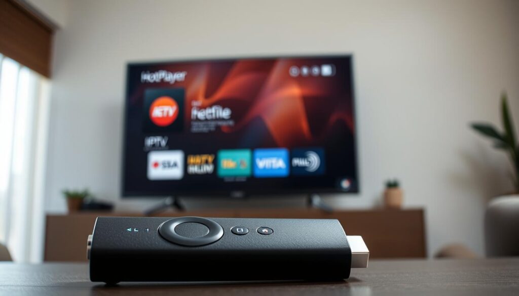 A high-quality, detailed image of a modern Amazon Firestick device prominently displayed in the foreground, with the HotPlayer IPTV application interface shown on its screen. The Firestick should be placed on a flat surface, such as a table or desk, with soft, even lighting illuminating the scene. The background should be a simple, uncluttered environment, perhaps a minimalist living room or home office setting, to keep the focus on the Firestick and IPTV interface. The overall mood should convey a sense of simplicity, technology, and user-friendliness, reflecting the step-by-step installation guide for the HotPlayer IPTV on the Firestick.