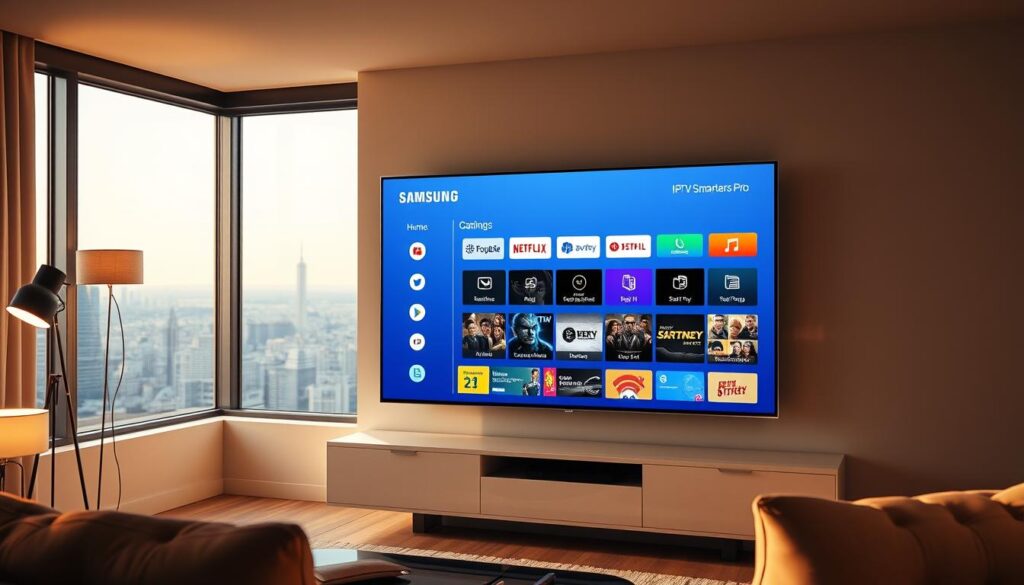 A high-tech Samsung Smart TV screen in a modern living room, displaying the "IPTV Smarters Pro" interface with a clean, intuitive layout. The TV is mounted on a sleek, minimal wall unit, and the room is bathed in warm, diffused lighting from floor lamps and a large window overlooking a cityscape. The viewer's attention is drawn to the TV screen, which showcases the IPTV Smarters Pro app's user-friendly navigation and content selection. The scene conveys a sense of technology seamlessly integrated into a comfortable, contemporary home environment.