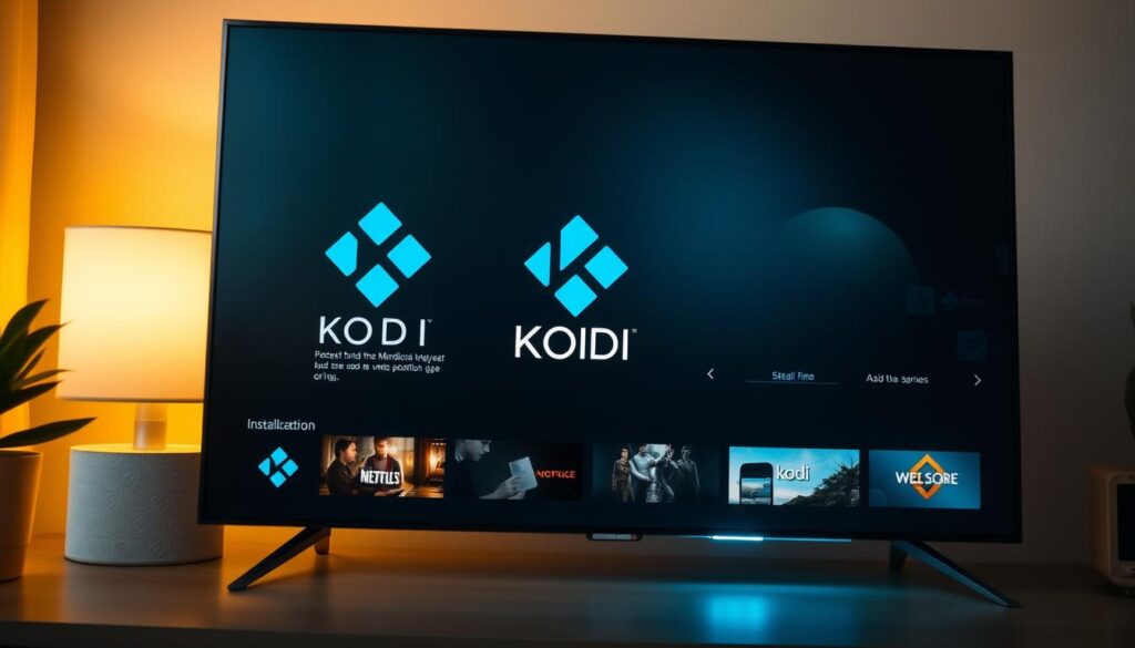 A meticulously crafted installation of Kodi media player on a sleek, modern Microsoft Store interface. The foreground features the Kodi logo prominently displayed, surrounded by a clean, minimalist design. The middle ground showcases the seamless installation process, with intuitive UI elements and a sense of ease. The background subtly hints at the versatility of Kodi, with glimpses of media content and device integration. Warm, soft lighting creates a welcoming atmosphere, inviting the user to explore the powerful capabilities of this comprehensive media solution.