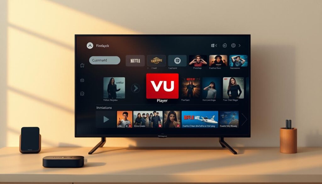A meticulously organized FireStick home screen, showcasing the VU Player app prominently displayed at the center. The interface is clean and intuitive, with seamless navigation between various content categories. Soft, diffused lighting creates a warm, inviting atmosphere, drawing the viewer's attention to the carefully curated selection of media options. The layout is symmetrical and well-balanced, with subtle hints of MaterialDesign principles evident in the iconography and UI elements. The overall scene conveys a sense of effortless control and efficient media management, reflecting the user-friendly nature of the VU Player experience on the FireStick platform.