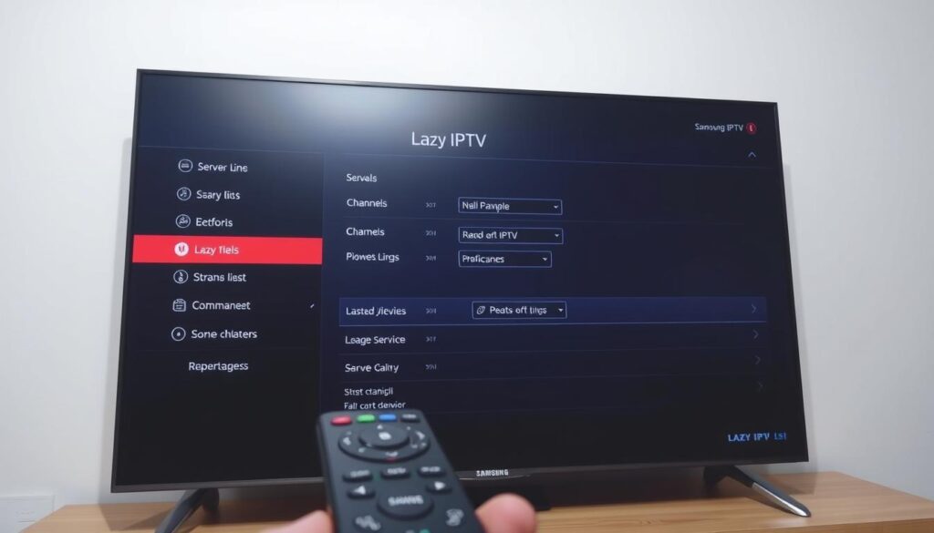 A modern Samsung Smart TV interface, displaying the Lazy IPTV app's configuration screen. The screen shows various settings and options for customizing the IPTV service, including server details, channel lists, and playback preferences. The interface has a sleek, minimalist design with a dark color scheme and crisp, high-resolution graphics. The TV's remote control is visible in the foreground, suggesting interactivity and user control. The scene is lit by a soft, even light that creates a calm, focused atmosphere, making it easy for the user to navigate and adjust the Lazy IPTV settings.