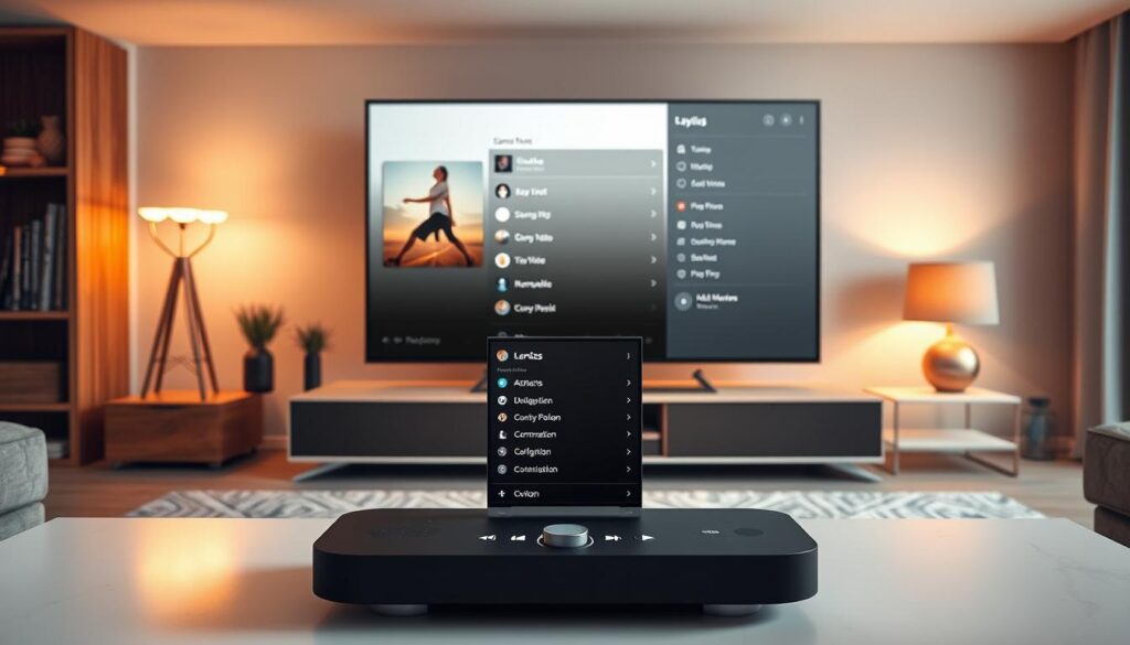 A modern and minimalist user interface for the Elk Player media app, showcased on a sleek home entertainment setup. The foreground features the Elk Player's playlist, with album art, song titles, and playback controls neatly arranged. The middle ground displays the Elk Player's main menu, highlighting configuration options and customization settings. The background depicts a cozy living room ambiance, with warm lighting, wooden accents, and a large HDTV screen displaying the Elk Player's interface. The overall scene conveys a sense of streamlined functionality and personalized media enjoyment.