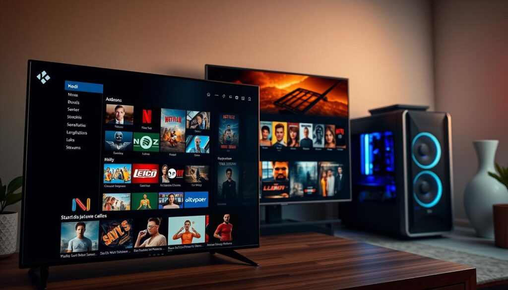 A modern media center setup with a personalized Kodi interface. In the foreground, the Kodi home screen displays a collection of custom add-ons, each with vibrant icons and intuitive menus. The middle ground showcases various media content, including movies, TV shows, and live streams, all neatly organized and easily accessible. In the background, a sleek and minimalist PC setup with a large, high-resolution monitor provides the computing power to run this sophisticated media management system. The lighting is warm and inviting, creating a cozy atmosphere for an immersive entertainment experience. The overall composition conveys a sense of personalization, control, and seamless integration of digital media into the user's lifestyle.