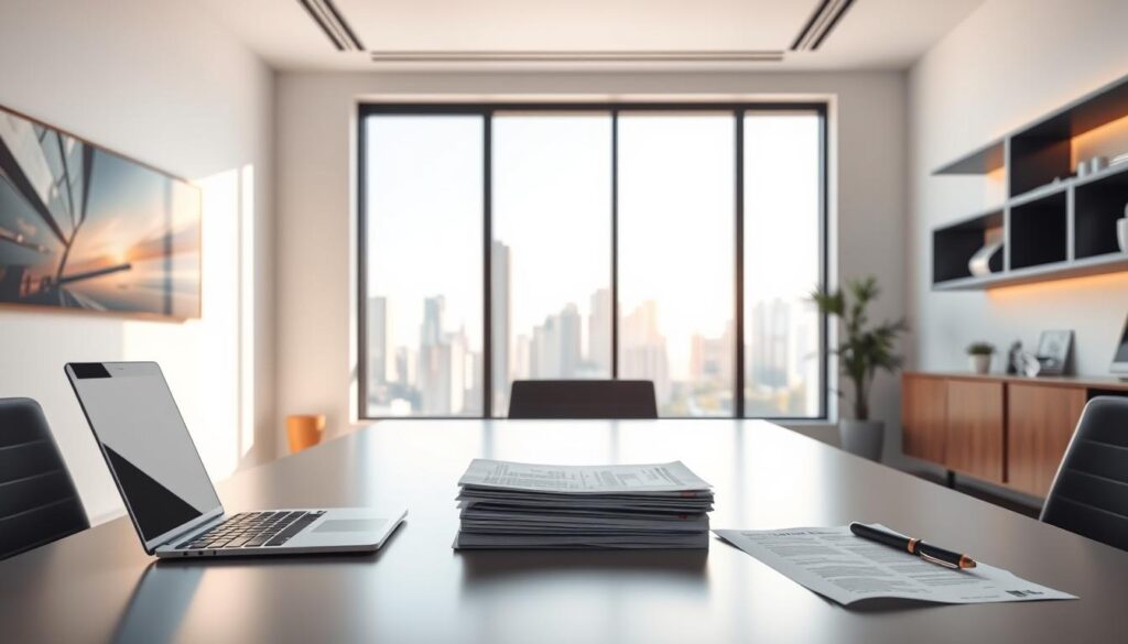 A modern office setting with a sleek, minimalist design. In the foreground, a desk with a laptop, smartphone, and legal documents representing the "Vantagens e Considerações Legais do Smart IPTV" topic. The middle ground features a large window overlooking a cityscape, bathed in warm, natural lighting. The background is a clean, white wall accentuated by modern artwork and shelving. The overall atmosphere conveys a sense of professionalism, technology, and legal considerations surrounding the use of Smart IPTV.