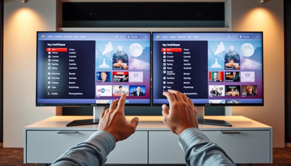 A modern office setting, with two large flat-screen displays side by side showcasing the user interfaces of competing IPTV service providers. The displays are mounted on a sleek, minimalist desk, illuminated by warm, directional lighting. In the foreground, a pair of hands casually navigate the menus, highlighting the key differences in layout, content, and overall user experience between the two platforms. The background is blurred, keeping the focus on the comparative analysis at hand. The overall mood is one of professional evaluation, with a clean, uncluttered aesthetic that facilitates a clear, informed decision-making process.