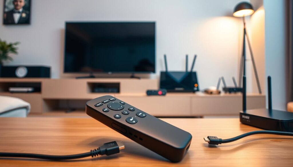 A modern, sleek home entertainment setup with a central IPTV streaming device, surrounded by various devices and accessories required for installation. In the foreground, a wireless remote control and HDMI cable, symbolizing the connectivity and ease of setup. The middle ground features the IPTV device, perhaps a Fire Stick or similar, placed prominently on a minimalist entertainment center. In the background, a smart TV, router, and other relevant technology create a cohesive, technology-driven environment. The lighting is soft and warm, conveying a sense of comfort and professionalism, suitable for a tutorial on IPTV installation.