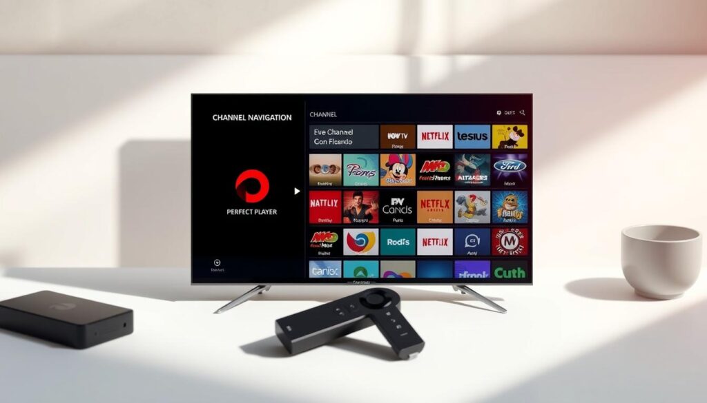 A modern, sleek-looking screenshot of the Perfect Player app's channel navigation menu, showcased on a Firestick device. The menu displays a clean, organized list of channels, with clear icons and labels. The interface is rendered with a high level of detail, with a focus on the app's intuitive design and user-friendly layout. The scene is illuminated by soft, natural lighting, highlighting the device's sharp, high-definition display. The overall atmosphere conveys a sense of efficiency and ease of use, perfectly aligning with the article's topic of "Utilização do Perfect Player no Firestick".