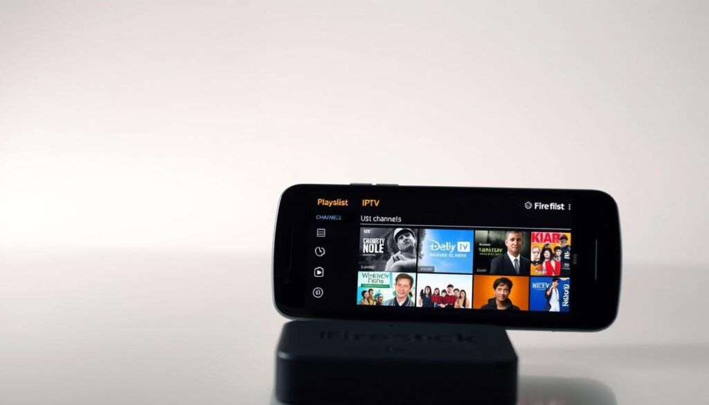 A neatly organized IPTV app interface on a Firestick remote, displayed against a clean, minimalist backdrop. The foreground shows the app's playlist management tools, with intuitive controls for sorting, filtering, and customizing channels. The middle ground features a crisp, high-resolution preview of the IPTV content, showcasing the quality of the streaming experience. The background subtly suggests a modern, tech-savvy setting, with subtle gradients and soft lighting to create a sleek, professional atmosphere. The overall composition conveys a sense of user-friendly functionality and seamless integration between the IPTV service and the Firestick device.