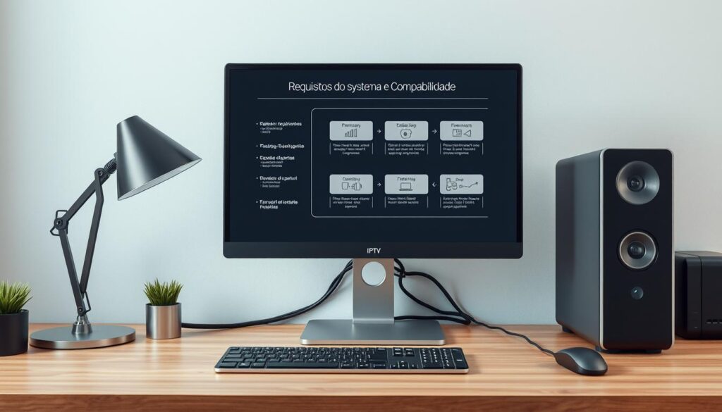 A neatly organized workstation with a modern desktop computer, a stylish monitor, and a sleek keyboard and mouse setup. The desktop screen displays a detailed diagram outlining the system requirements and compatibility specifications for the IPTV installation guide. The diagram uses a clean, technical aesthetic with clear icons, labeled components, and well-structured layouts. Soft, even lighting illuminates the scene, creating a professional and authoritative atmosphere. The overall composition conveys a sense of informative clarity and technical precision, suitable for illustrating the "Requisitos do Sistema e Compatibilidade" section of the installation guide.