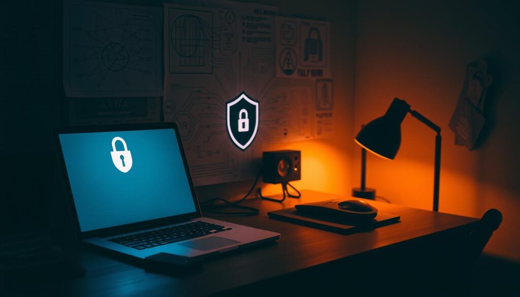 A serene, dimly lit home office setup with a laptop, a smartphone, and a VPN connection icon prominently displayed on the screen. Intricate network diagrams and security protocols adorn the desk, creating an atmosphere of privacy and data protection. The room is illuminated by a warm, indirect light, casting a soft glow on the equipment. The overall scene conveys a sense of focus, security, and attention to detail in the "Configuração Adicional e Segurança" section of the article.