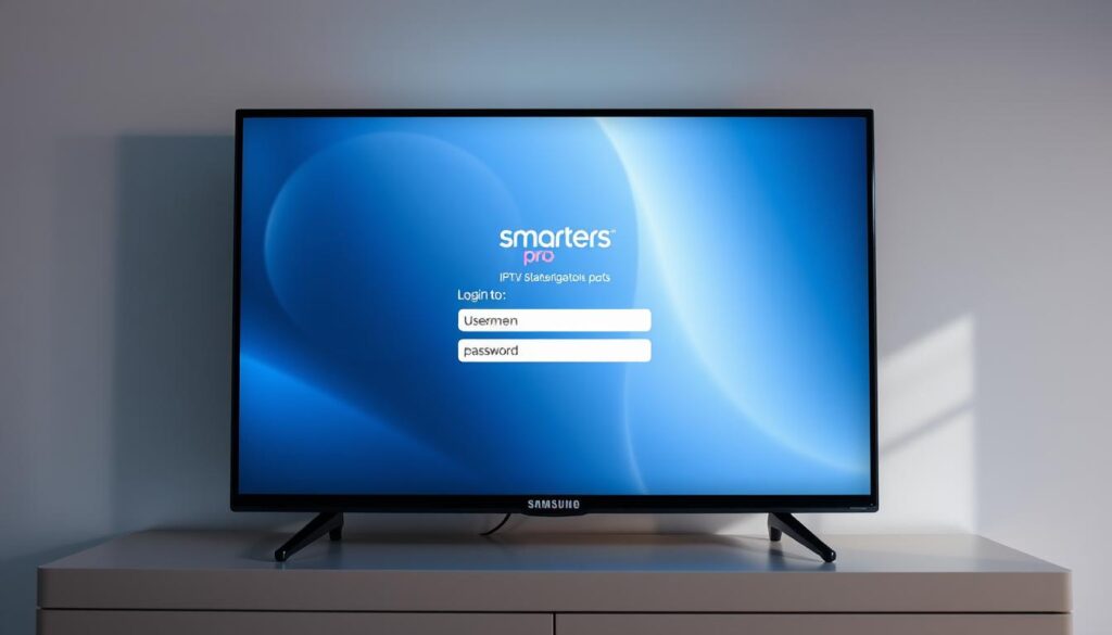A sleek and modern login interface for the IPTV Smarters Pro application, displayed on a Samsung Smart TV screen. The foreground showcases the login form with input fields for username and password, set against a clean and minimalist design with soft gradients in shades of blue and grey. The background features a subtle pattern or abstract texture that complements the overall aesthetic. Lighting is soft and diffused, creating a pleasant and inviting atmosphere. The camera angle is slightly elevated, providing a clear and centered view of the login screen, emphasizing its importance and functionality within the IPTV player experience.
