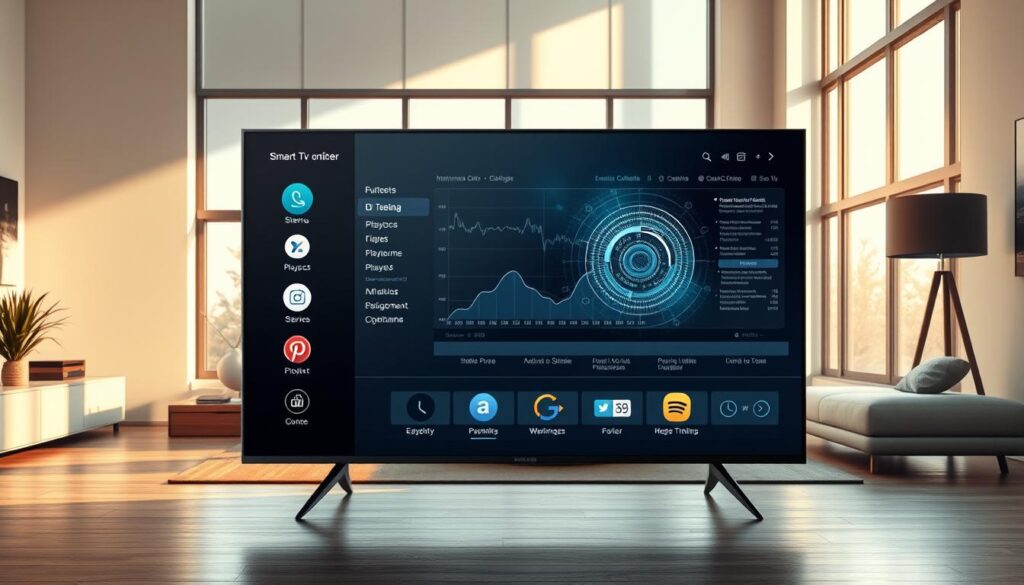 A sleek and modern smart TV interface with advanced functionalities. The foreground showcases a clean and intuitive menu system with icons and controls for various streaming services, media playback, and customization options. The middle ground features a visually striking visualization of data analytics, illustrating the advanced performance optimization capabilities. The background depicts a serene, minimalist living room setting with modern furniture and large windows, bathed in warm, natural lighting to create a cozy and inviting atmosphere. The overall composition conveys a sense of technological sophistication, user-friendliness, and seamless integration into the user's living space.