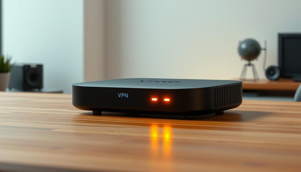 A sleek and secure VPN device sits prominently on a contemporary wooden desk, its glowing status lights emanating a warm, inviting ambiance. The device is meticulously rendered, its smooth curves and matte finish conveying a sense of high-quality craftsmanship. The scene is bathed in soft, directional lighting, casting subtle shadows that accentuate the device's form. In the background, a minimalist, uncluttered office space sets the stage, creating a sense of focus and professionalism. The overall atmosphere is one of technological sophistication and reliable security, perfectly suited to illustrate the "Otimização e segurança do dispositivo" section of the "Guia passo a passo: How to install vu player on firestick" article.