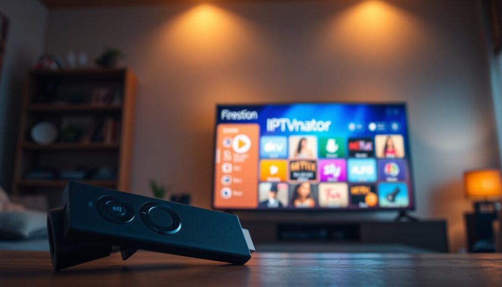 A sleek, modern Firestick device prominently displayed in the foreground, its elegant silhouette accentuated by warm, diffused lighting. In the middle ground, a vibrant, intuitive interface showcasing the IPTVnator logo and app features, inviting the viewer to explore its capabilities. The background gently blurs, highlighting the device's integration into a cozy, home entertainment setup, perhaps a living room or media center, creating a sense of seamless technology integration.