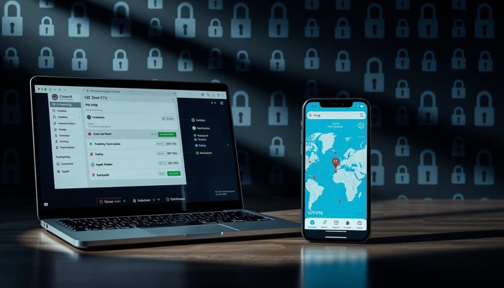 A sleek, modern VPN service with a secure, user-friendly interface. In the foreground, a laptop screen displays the GSE Smart IPTV app, with a clean, minimalist design showcasing the VPN connection status and advanced settings. In the middle ground, a smartphone displays the VPN's network map, highlighting the available server locations for privacy and geo-unblocking. In the background, a subtle pattern of lock icons and encryption symbols conveys the sense of digital security and privacy. Dramatic lighting casts long shadows, creating an atmosphere of professionalism and trust. The overall composition emphasizes the power and reliability of the VPN solution for secure streaming and online privacy.