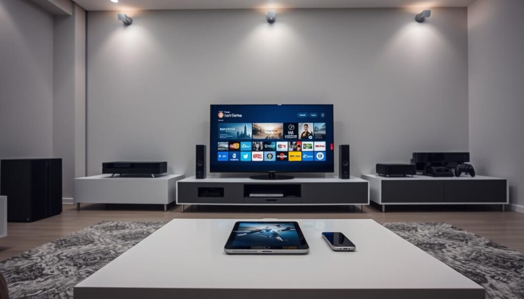 A sleek, modern living room with various multimedia devices seamlessly integrated. In the foreground, a high-end smart TV displays content, surrounded by a soundbar, gaming console, and streaming device. In the middle ground, a tablet and smartphone rest on a minimalist coffee table, showcasing their compatibility with the other devices. The background features clean, uncluttered walls and subtle mood lighting, creating a harmonious and technologically advanced environment. The scene conveys a sense of effortless connectivity, advanced functionality, and a cohesive multimedia experience.