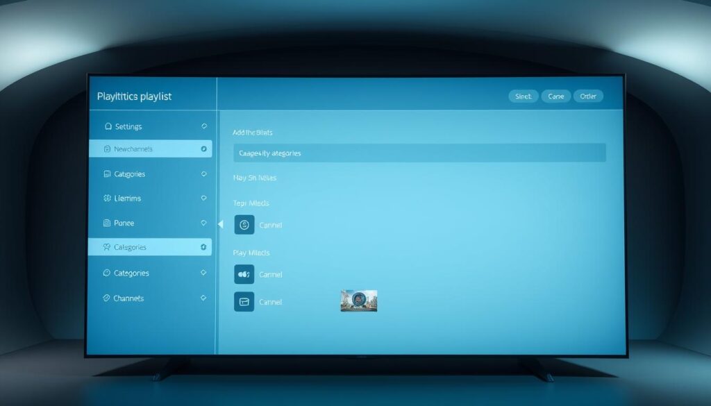 A sleek, modern user interface displaying a playlist configuration panel for an IPTV service. The foreground features a clean, minimalist layout with various settings and options for customizing the playlist, such as adding new channels, managing categories, and adjusting playback preferences. The middle ground showcases a grid of channel thumbnails, each with clear labels and icons. The background incorporates a subtle, gradient-based color scheme that complements the overall aesthetic, creating a polished and professional appearance. Soft, directional lighting illuminates the scene, casting gentle shadows and highlights to enhance the depth and detail of the interface. The overall mood is one of efficiency, organization, and a user-friendly experience tailored for IPTV enthusiasts.