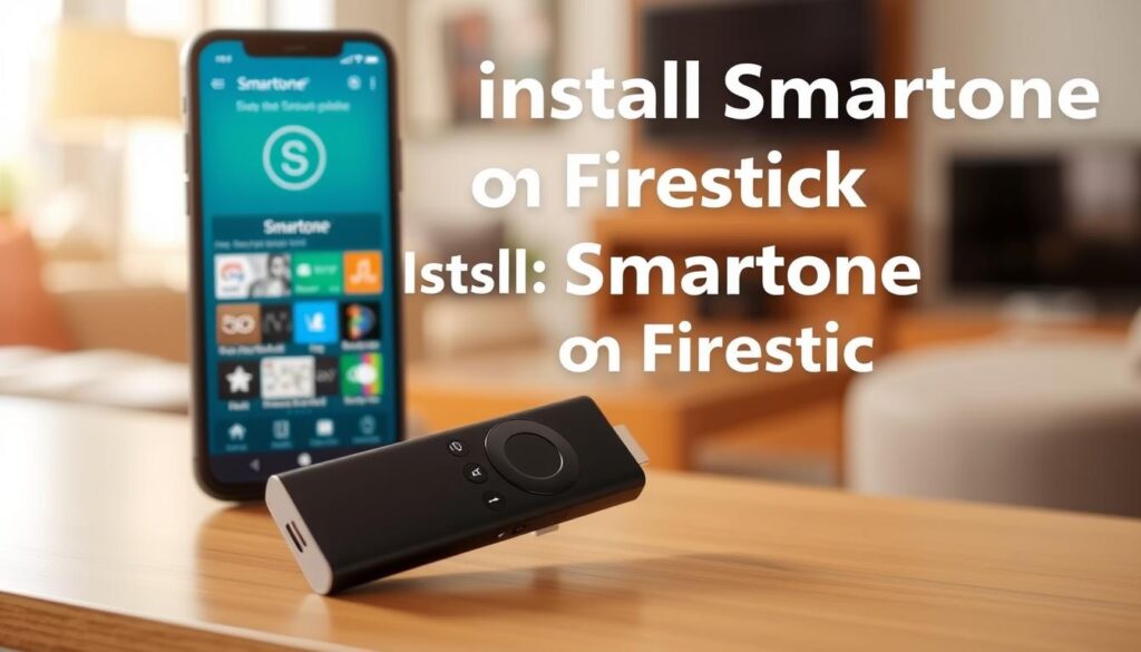 A step-by-step guide to installing the Smartone app on a Firestick. The image shows a modern, clean-looking interface with a sleek Firestick device in the foreground, accompanied by a smartphone displaying the Smartone app. The background features a blurred living room setting, conveying a sense of a cozy, home environment. Warm, natural lighting illuminates the scene, creating a welcoming atmosphere. The composition emphasizes the ease and simplicity of the installation process, inviting the viewer to follow along. The overall mood is one of efficiency, clarity, and user-friendliness, reflecting the key aspects of the "How to install Smartone on Firestick: Step-by-Step Guide" section.