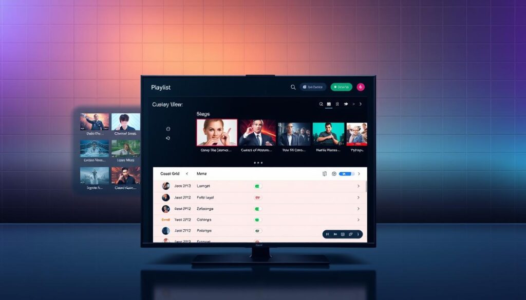 A vibrant and modern interface for managing IPTV playlists, showcasing a sleek dashboard with customizable channel grids, intuitive playlist controls, and a sophisticated color palette. The foreground features a smooth user experience with clear icons and an uncluttered layout, while the middle ground highlights a central playlist viewer with intuitive seek and playback controls. The background evokes a sense of high-tech sophistication with a subtle grid pattern and muted tones, creating a visually appealing and functional IPTV management system.