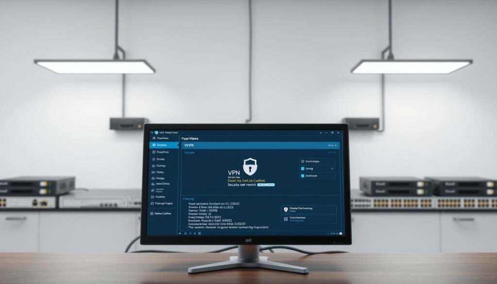 A virtual private network (VPN) configuration setup with a secure and private internet connection. In the foreground, a computer screen displays a VPN interface with connection status, security protocols, and data encryption details. The middle ground features network infrastructure components like routers, switches, and servers, all interconnected and secured by the VPN. The background has a clean, minimalist design with muted tones, conveying a sense of safety and privacy. The lighting is soft and balanced, highlighting the technical details while maintaining a professional, corporate atmosphere.