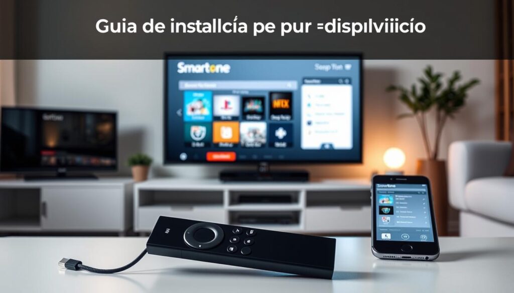 A visually compelling step-by-step guide to installing the Smartone IPTV service across a range of devices. The foreground depicts a clean, well-lit setup with a Firestick, remote, and smartphone neatly arranged. The middle ground showcases the Smartone app interface on various screens, highlighting the intuitive user experience. The background subtly conveys a modern, minimalist home entertainment setup with sleek electronics and tasteful decor. The overall scene exudes a sense of simplicity and efficiency, perfectly capturing the "Guia de instalação por dispositivo" section of the article.