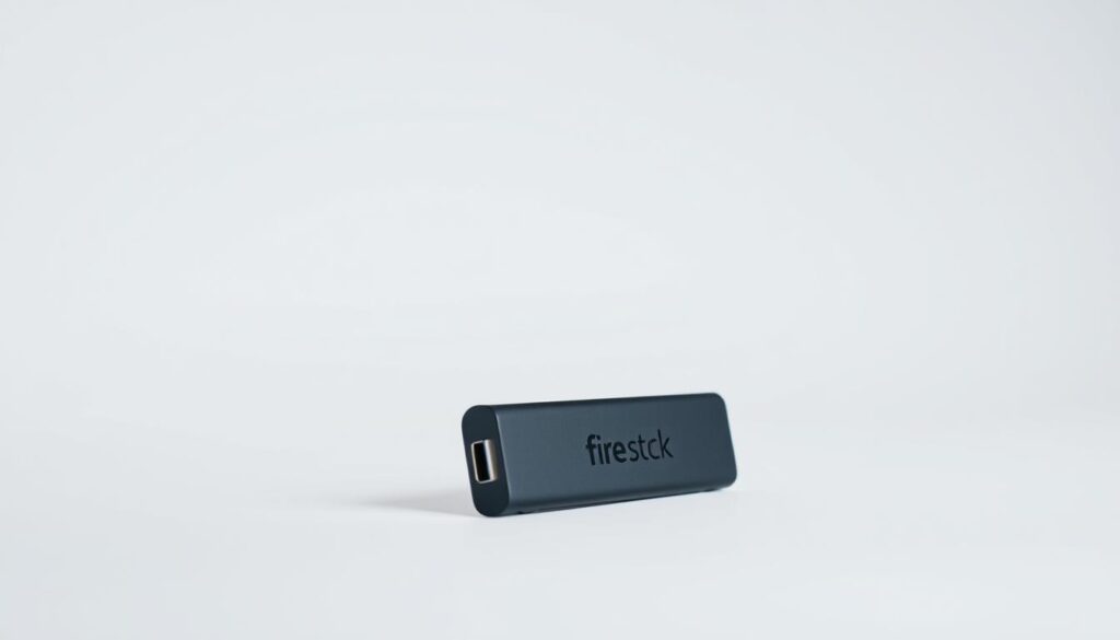 A well-lit, close-up view of a Fire TV Stick device, positioned prominently in the foreground. The device is displayed at an angle, showcasing its sleek, modern design and connectivity ports. In the middle ground, a stark white background provides a clean, minimalist setting, allowing the Fire TV Stick to be the central focus. The lighting is soft and diffused, creating subtle shadows and highlights that accentuate the device's contours and details. The overall mood is one of simplicity, professionalism, and technological sophistication, reflecting the preparatory steps required for setting up the device.