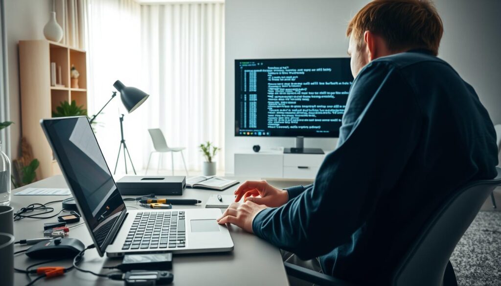 A well-lit, detailed image of a person sitting at a desk, troubleshooting a Samsung Smart TV. The foreground shows the person's hands typing on a laptop, with various tools and documents scattered around. The middle ground features the Samsung Smart TV, displaying error messages or diagnostic information. The background showcases a modern, minimalist home office setting, with clean lines, neutral colors, and ample natural lighting. The overall atmosphere is one of focused problem-solving, with a sense of determination and a desire to overcome technical challenges.