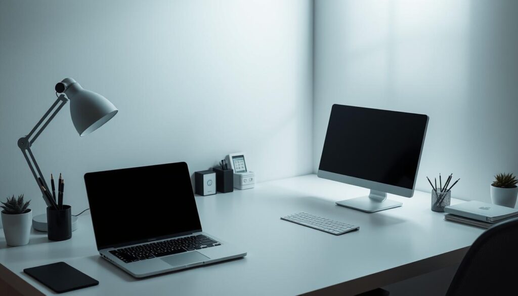 A well-lit, high-quality image of a minimalist desktop setup, featuring a sleek laptop or desktop computer, a modern monitor, and a clean workspace with office supplies. The scene should convey a sense of organization and preparedness, with the laptop or desktop computer prominently displayed, suggesting the tools necessary for installing and configuring the Flix IPTV software. The lighting should be soft and diffused, creating a professional and inviting atmosphere. The overall composition should be balanced and visually appealing, drawing the viewer's attention to the key elements needed for the "Pré-requisitos e Preparação para Instalar o Flix IPTV" section of the article.