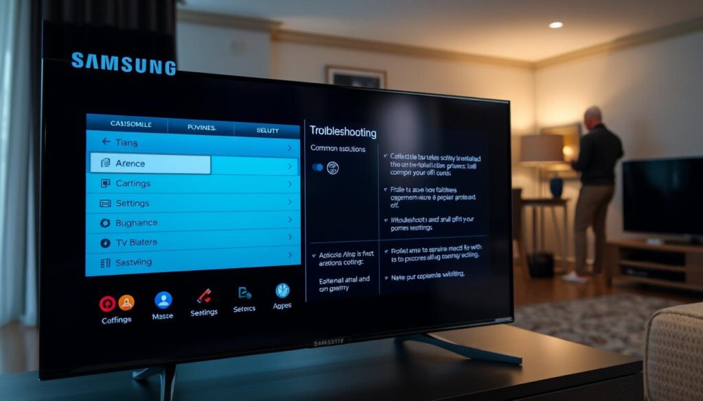 A well-lit, high-resolution image of a Samsung Smart TV screen, showcasing the IPTVnator user interface. The foreground displays the main dashboard, with customizable settings and configuration options. The middle ground features a troubleshooting panel, highlighting common issues and solutions. The background subtly depicts the living room environment, with a cozy, relaxed atmosphere. The overall scene conveys a sense of control, personalization, and problem-solving within the IPTVnator experience on a Samsung Smart TV.