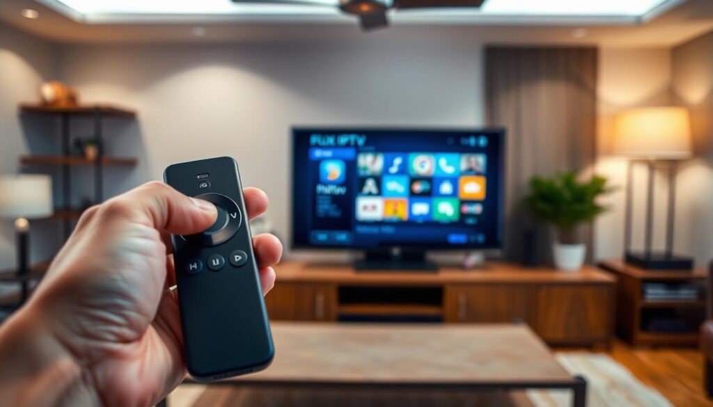A well-organized and visually engaging image of the preparation for Flix IPTV installation on a Firestick. The foreground depicts a hand holding a Firestick remote against a backdrop of a living room setup, with the Firestick device prominently displayed. The middle ground features a laptop or tablet displaying the Flix IPTV app interface, showcasing the setup process. The background subtly conveys a cozy, home entertainment atmosphere, with warm lighting and subtle details that set the scene. The overall composition and technical details, such as camera angle and depth of field, create a polished, professional-looking image that effectively illustrates the "Preparação para a Instalação" section of the article.