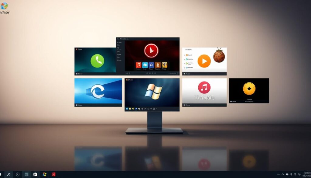 Alternativas TiviMate Windows: a sleek, high-resolution image showcasing various software options for running the TiviMate media player on a Windows PC. Featuring a clean, modern design with a focus on user-friendly interfaces, the image presents a selection of popular alternatives in a well-organized grid layout. The foreground highlights the key programs, while the background subtly suggests the versatility of the Windows ecosystem. Crisp lighting and a slightly muted color palette create a professional, authoritative atmosphere, inviting the viewer to explore the possibilities of transitioning TiviMate to their Windows-based setup.