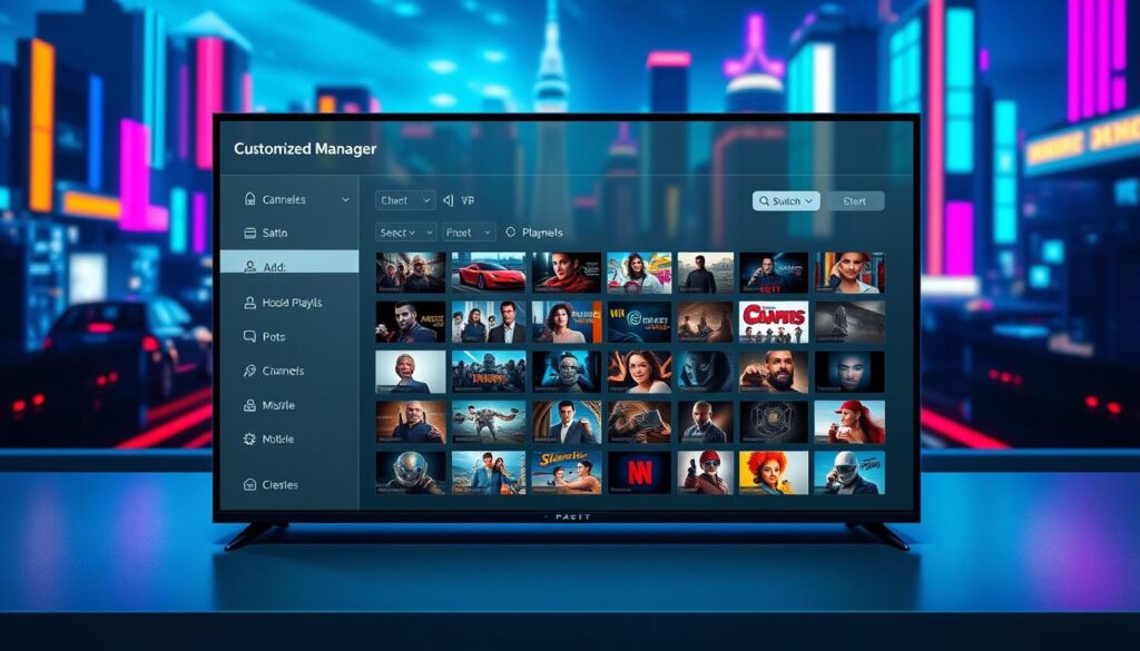 Detailed configuration screen for a customized IPTV playlist on a sleek, modern user interface. The foreground features a clean, minimalist playlist manager with intuitive controls for adding, editing, and managing channels. The middle ground showcases a grid of channel thumbnails, each with clear labels and icons. The background depicts a stylized, futuristic cityscape with vibrant neon lights, creating an immersive and technologically advanced atmosphere. Soft, diffused lighting illuminates the scene, lending a professional, high-end aesthetic. The overall composition conveys a sense of power, precision, and seamless digital entertainment.
