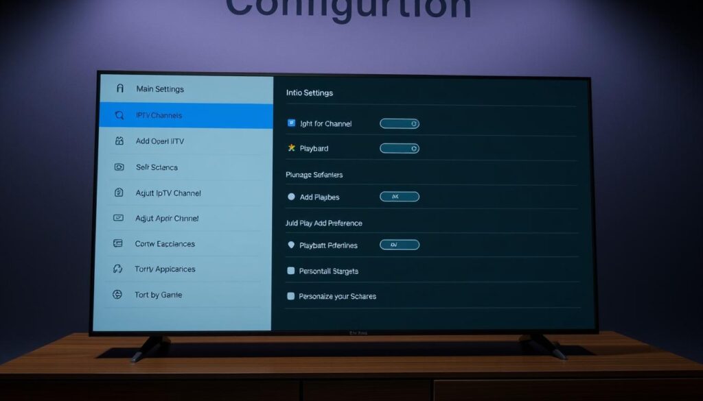 Detailed configuration screen of the TiviMate IPTV app, showcasing its intuitive interface and customization options. The image should feature a clean, modern design with a focus on the main settings panel, displaying options for managing IPTV channels, adjusting playback preferences, and personalizing the app's appearance. The overall atmosphere should convey a sense of organization and user-friendliness, highlighting the app's versatility and ease of use for IPTV setup and management.