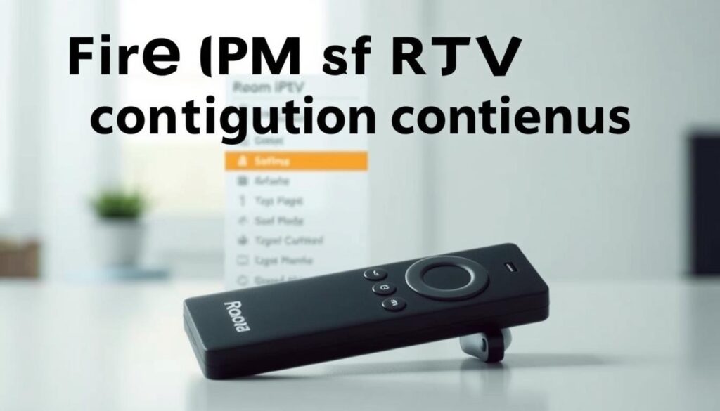 Detailed image of a Firestick interface with a focus on the Room IPTV configuration menu. The Firestick is shown in a well-lit, clean environment, with a blurred background. The configuration menu is prominently displayed, showcasing various settings and options related to the Room IPTV app. The interface is clear and easy to read, with intuitive icons and layout. The overall tone is informative and helpful, reflecting the instructional nature of the article.