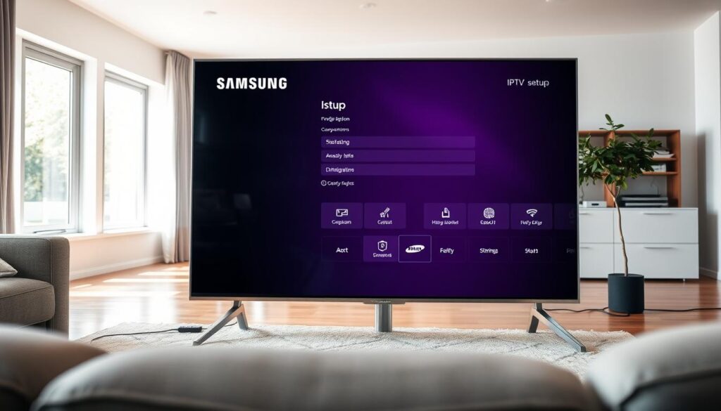 Detailed setup of a Samsung Smart TV displaying IPTV configuration. The foreground shows a Samsung Smart TV with a sleek, minimalist design, its screen displaying the IPTV setup interface. The middle ground features a modern home entertainment system with a sound bar, streaming devices, and various cables neatly organized. The background depicts a clean, well-lit living room with large windows, allowing natural light to fill the space. The overall mood is one of technological sophistication and domestic harmony, setting the stage for a seamless IPTV integration experience.