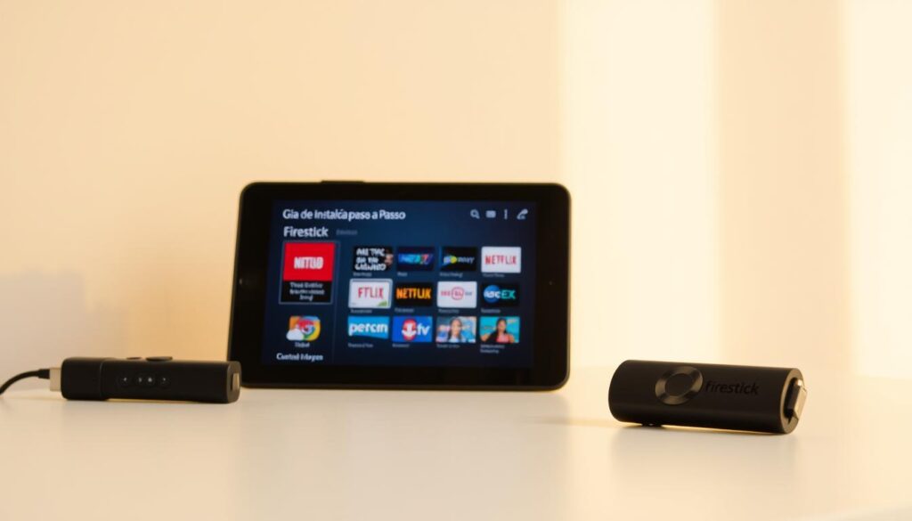 Detailed step-by-step guide on installing the Firestick app, displayed on a clean, minimalist background. In the foreground, a Firestick device and a smartphone or tablet showing the installation process. The middle ground features a set of icons or UI elements related to the app download and setup. Warm, natural lighting illuminates the scene, creating a calm and informative atmosphere. The composition emphasizes simplicity and ease of use, reflecting the subject matter of the "Guia de Instalação Passo a Passo" section.