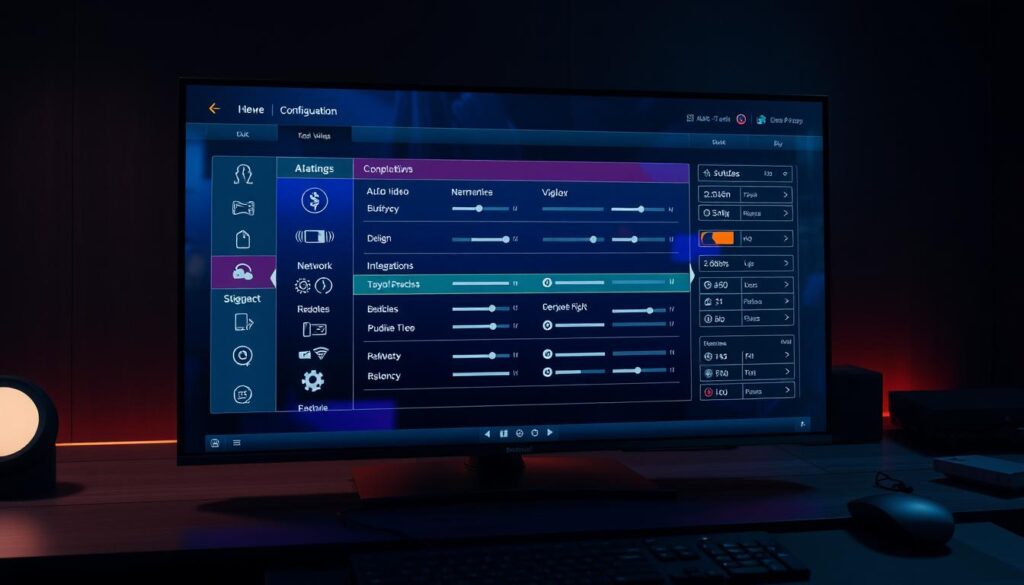 Detailed user interface of a high-tech media player application, showcasing advanced configuration settings. Vibrant, sleek display with adjustable options for audio, video, network, and integrations. Positioned in a dimly lit, modern workspace with subtle ambient lighting. Emphasize the depth and complexity of the software's customization capabilities, conveying a sense of power and control for the discerning user.