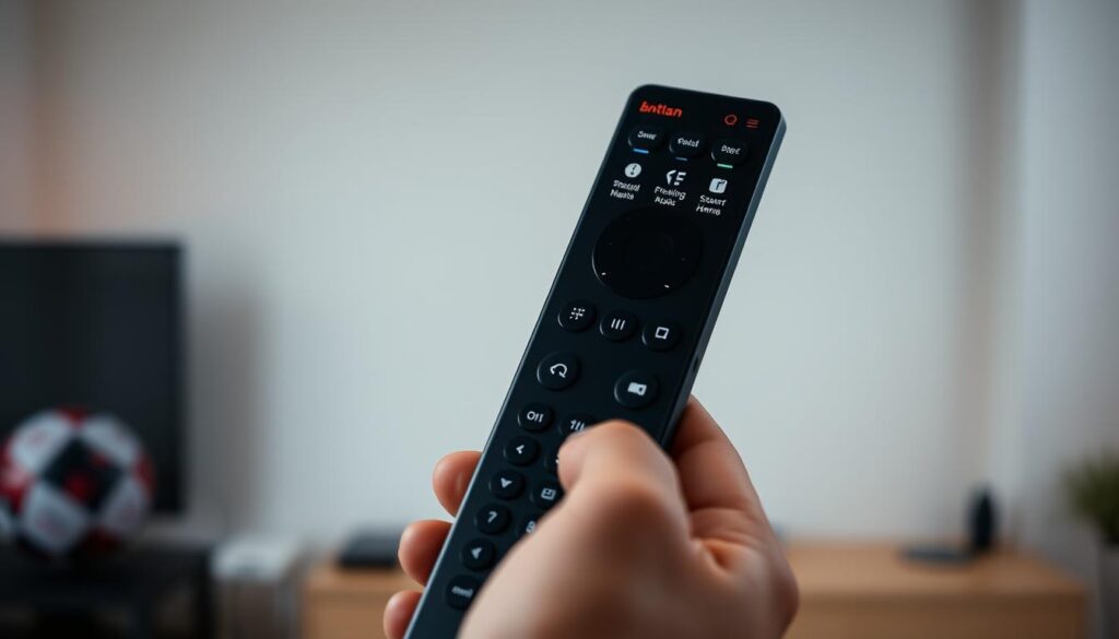 Navegação menu apps smart remote: A sleek and modern smart TV remote control interface, featuring a clean and intuitive menu layout with various app icons. The remote is backlit, providing a soft and ambient glow, and the buttons have a tactile, responsive feel. The layout is designed for easy navigation, with clear and well-organized sections for accessing popular streaming services, media playback controls, and smart home features. The remote is held in a hand, showcasing its ergonomic design and premium finish, against a subtly blurred background that suggests a contemporary, high-tech living room setting.