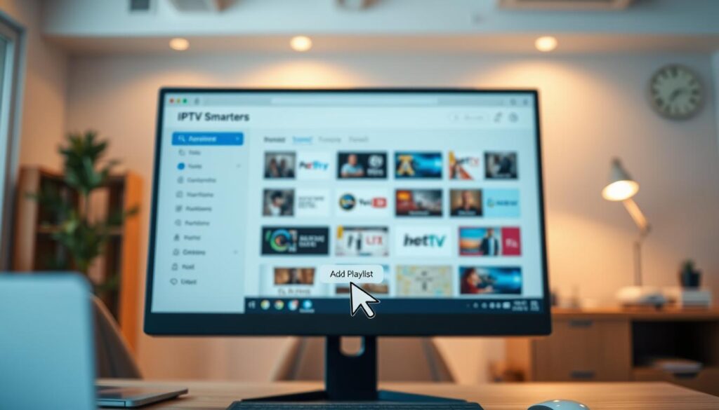 Sleek and modern user interface featuring the IPTV Smarters application on a desktop PC screen. In the foreground, a cursor hovers over the "Add Playlist" button, inviting the user to input their IPTV service details. The middle ground showcases the clean, minimalist design of the Smarters app, with neatly organized channels and categories. The background depicts a softly blurred office environment, conveying a professional, productivity-driven atmosphere. Warm, indirect lighting highlights the screen, creating a calm and focused ambiance. The overall scene should inspire confidence in the process of adding IPTV playlists to the Smarters application.
