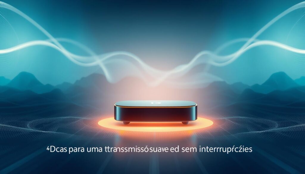Smooth streaming optimization: a serene digital landscape with a central focus on a sleek, modern streaming device. The device is illuminated by soft, diffused lighting, casting a warm glow and creating a sense of harmony. In the background, subtle visual cues like flowing lines and abstract patterns convey the idea of seamless, uninterrupted data transmission. The overall atmosphere is one of technological refinement, efficiency, and a tranquil user experience, reflecting the "Dicas para uma Transmissão Suave e Sem Interrupções" section of the article.