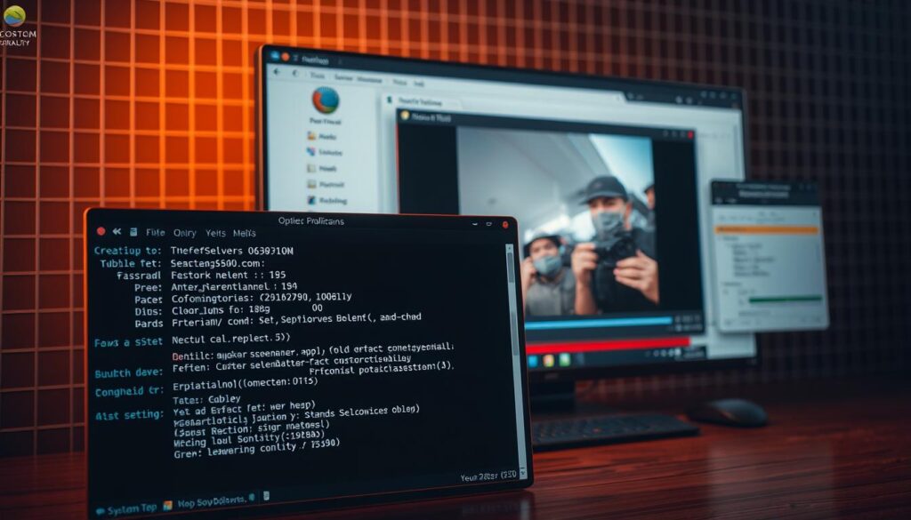 A Linux desktop with various tools and windows open, showcasing optimization and troubleshooting for streaming quality. The foreground features a terminal window with system metrics, network diagnostics, and configuration settings. The middle ground displays a media player window with clear video playback. The background has a subtle grid pattern representing the underlying system architecture. Warm lighting from the screen illuminates the scene, creating a focused, technical atmosphere. The overall composition conveys a sense of control and problem-solving for optimal streaming performance.